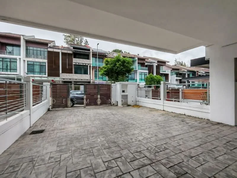Exterior type: linked terrace house; features: paved driveway, metal fence with horizontal slats, landscaped area with small trees, two-storey residential buildings in background, concrete wall, car parked in driveway; style: modern.