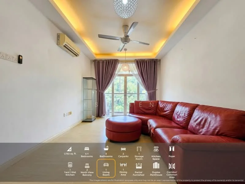 Living features: red leather sectional sofa, round ottoman, ceiling fan with light, recessed lighting, floor-to-ceiling windows, curtains, laminate flooring, air conditioning unit, decorative ceiling with cove lighting; style: modern; view: garden.