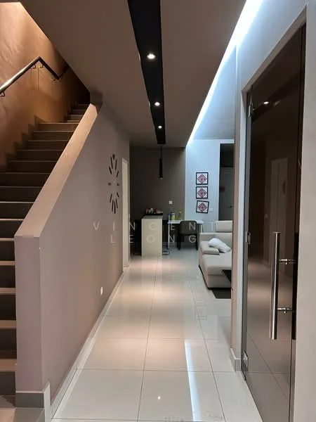 Hallway features: white painted walls, grey accent wall, polished ceramic tile flooring, recessed LED downlights, staircase with wooden steps, wall clock, decorative artwork on walls, sofa, console table; style: modern.