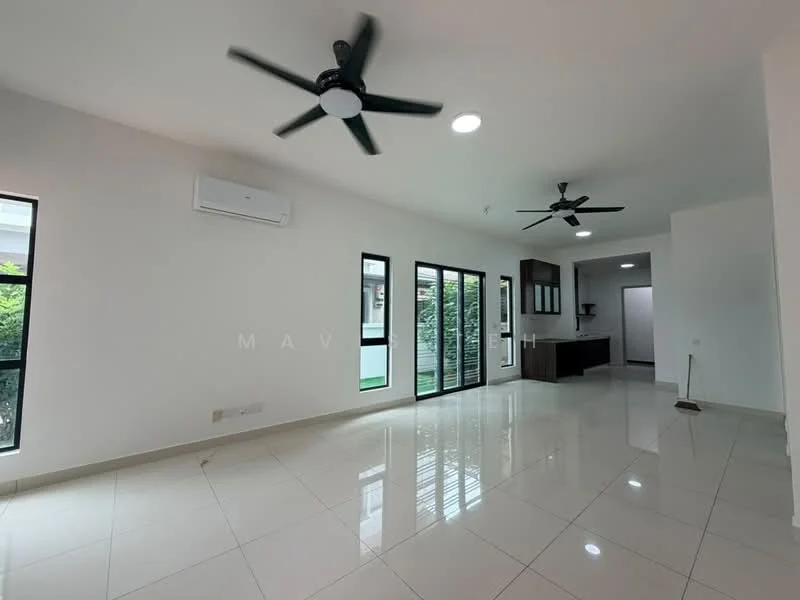 Living features: white painted walls, polished ceramic tile flooring, 2 ceiling fans, 1 wall-mounted split AC, floor-to-ceiling windows, sliding glass door, natural light from windows, open layout to kitchen, view of garden, recessed downlights; style: modern; view: garden.