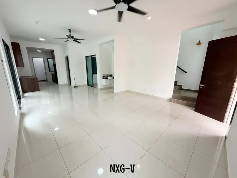 Room features: white painted walls, glossy ceramic tile flooring, 5-blade ceiling fan, 2 ceiling fans, staircase visible in background, open layout, large windows, doorway leading to another room; style: modern.