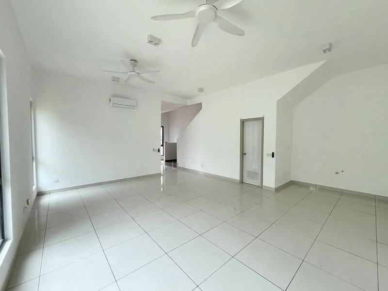 Living features: white painted walls, polished ceramic tile flooring, 2 ceiling fans, 1 wall-mounted split AC, large windows, neutral color scheme, recessed downlights, corner with sloped ceiling; style: modern.