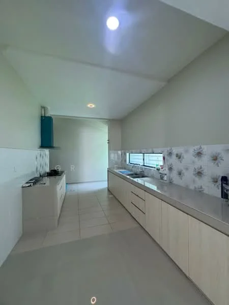 Kitchen features: white cabinets, grey countertop, stainless-steel sink, single-bowl sink, chrome faucet, built-in gas stove, exhaust hood, tile backsplash with floral pattern, ceramic tile flooring, window with natural light, recessed ceiling lights; style: modern.