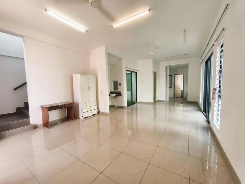 Room features: white painted walls, glossy ceramic tile flooring, recessed downlights, ceiling fan, large glass sliding doors, window treatments with blinds, built-in wardrobe, open layout, staircase visible in background, natural light from windows; style: modern.