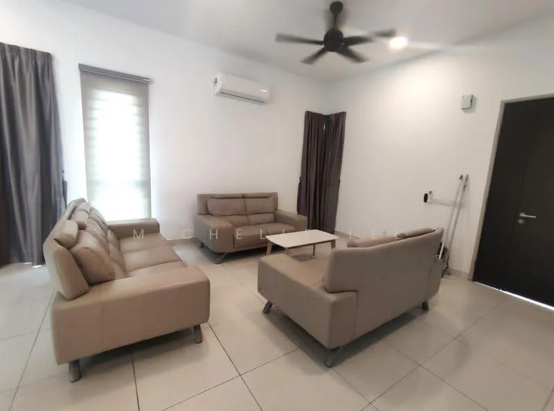 Living features: 2 beige fabric sofas, 1 coffee table, 5-blade ceiling fan, wall-mounted air conditioning unit, white painted walls, grey tiled flooring, floor-to-ceiling windows with sheer curtains, dark brown curtains, light fixtures on ceiling, single door entrance; style: modern.
