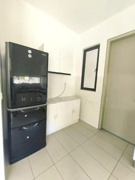 Kitchen features: black fridge, white cabinetry, countertop, tile flooring, window, door, wall-mounted shelf, neutral wall color; style: modern.