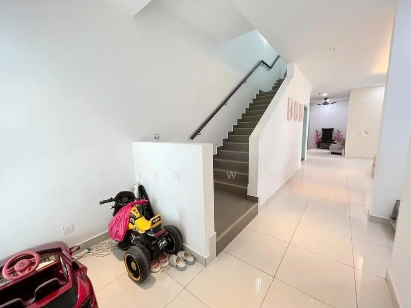 Room features: white painted walls, grey tiled flooring, staircase with grey steps, handrail, ceiling fan, decorative wall art, children's toy car, children's scooter, shoe rack, natural light from windows; style: modern.