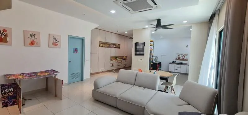 Living features: 3-seater fabric sofa in light grey, coffee table, wall-mounted TV, area rug, 5-blade ceiling fan with light, recessed downlights, cream painted walls, tile flooring, large windows with sheer curtains; style: modern. Kitchen features: kitchen cabinets with wood finish, stainless-steel sink, built-in oven, freestanding range oven, microwave, kitchen island, tile backsplash, refrigerator, open shelving; style: modern.