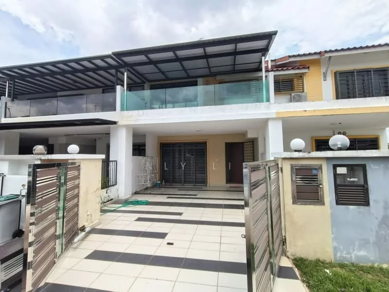 Exterior type: linked terrace house; features: two-storey structure, glass balcony railing, covered porch area, paved driveway with black and white tiles, front garden area, multiple wall-mounted mailboxes, outdoor lighting fixtures, sliding glass doors, visible air conditioning units, manicured landscaping; style: modern.