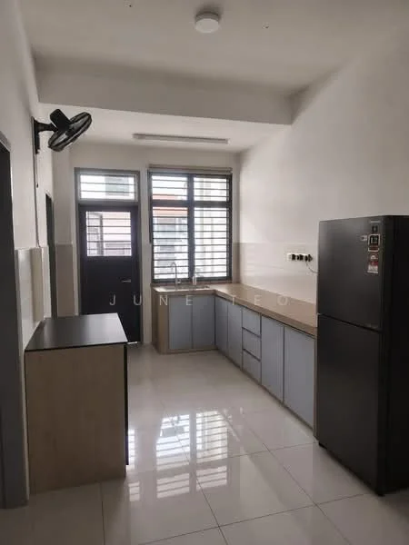 Kitchen features: white painted walls, grey cabinetry, laminate countertop, stainless-steel fridge, single-bowl stainless-steel sink, chrome pull-down faucet, floor-to-ceiling windows, sliding glass door, ceramic tile flooring, ceiling-mounted fan, built-in cabinets, open shelving; style: modern.