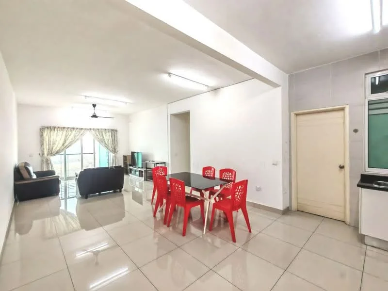 Living features: white painted walls, glossy tile flooring, 5-blade ceiling fan with light, sofa in dark color, TV console, wall-mounted TV, curtains with floral pattern, large windows with city view; style: modern; view: city. Dining features: 6-seater dining table, red plastic dining chairs, tile flooring, natural light from windows; style: modern. Kitchen features: white cabinetry, black countertop, sink, stainless-steel faucet, tile backsplash, built-in appliances; style: modern.