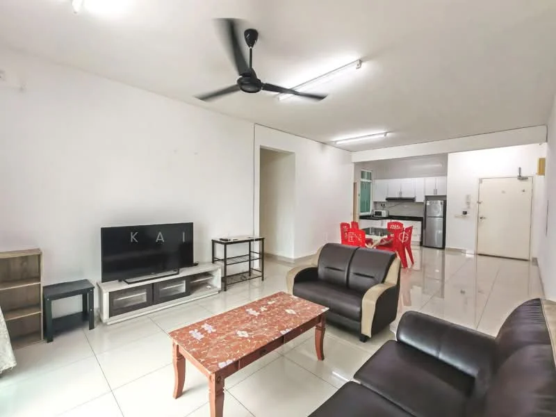 Living features: black leather sofa, 3-seater sofa, coffee table with marble top, TV console, wall-mounted TV, ceiling fan, white painted walls, glossy tile flooring, LED ceiling lights; style: modern. Dining features: 4-seater dining table, red plastic chairs, open layout to kitchen, white painted walls, glossy tile flooring; style: modern.