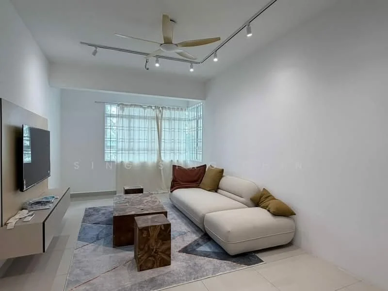 Living features: 3-seater fabric sofa in white, coffee table with geometric design, wall-mounted TV, TV console with storage, floor-to-ceiling windows, sheer curtains, 5-blade ceiling fan with light, recessed LED downlights, light-colored tiled flooring, decorative cushions in brown, area rug with abstract pattern, white painted walls; style: modern.