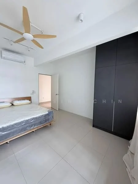 Bedroom features: queen-size bed, upholstered headboard, 2 pillows, ceiling fan, wall-mounted split AC, built-in wardrobe with sliding doors, white painted walls, tile flooring, natural light from window, neutral color scheme; style: modern.