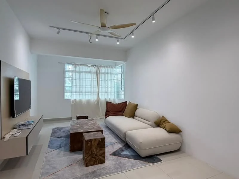 Living features: 3-seater fabric sofa in white, coffee table with geometric design, 2 wooden side tables, wall-mounted TV, floor-to-ceiling windows, sheer curtains, recessed LED downlights, 5-blade ceiling fan, light grey tiled flooring, white painted walls; style: modern.