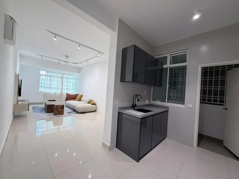 Kitchen features: black cabinetry, single-bowl stainless-steel sink, chrome pull-down faucet, grey tiled backsplash, white walls, white tiled flooring, recessed LED downlights; style: modern. Living features: large sectional sofa in beige, coffee table, wall-mounted TV, floor-to-ceiling windows, sheer curtains, white walls, white tiled flooring, track lighting; style: modern.