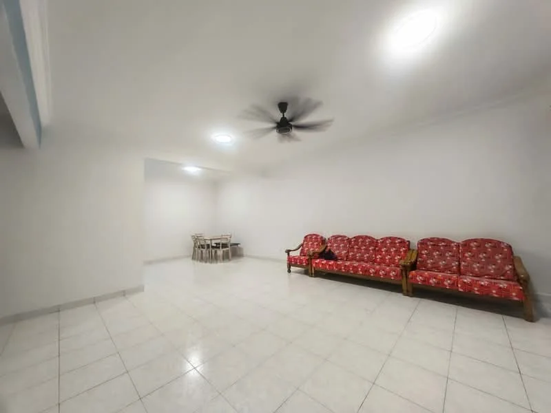 Living features: white painted walls, tile flooring, 5-blade ceiling fan, recessed downlights, 3-seater wooden sofa with red floral upholstery, 2-seater wooden sofa with red floral upholstery, dining table with chairs, open layout; style: minimalist.