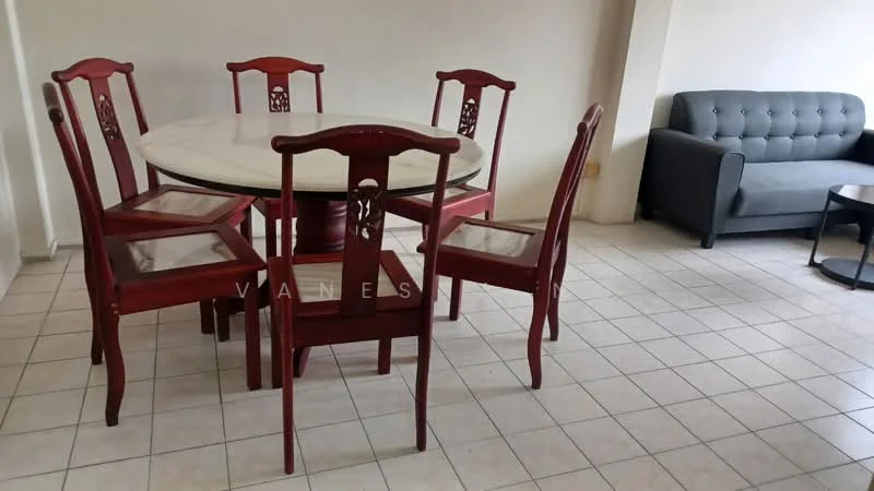 Dining features: round dining table with marble top, 6 red wooden dining chairs, tile flooring, neutral wall colour, sofa in grey fabric, coffee table in black, natural light from window; style: modern.