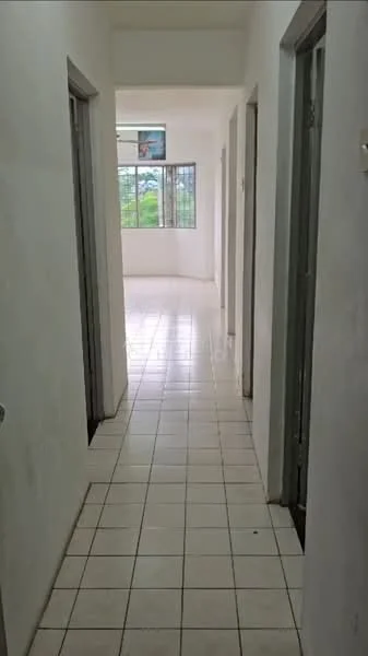 Hallway features: white painted walls, tile flooring, multiple doorways, windows with view, natural light, neutral color scheme, straight corridor layout; view: garden.