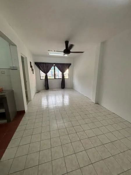 Living features: white painted walls, tile flooring, 5-blade ceiling fan, large windows with sheer curtains, natural light, open layout, neutral color scheme, no visible furniture; style: modern.