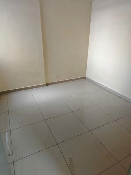 Room features: plain white walls, light grey floor tiles, no visible furniture, single window, neutral color scheme, minimal decor, clean and uncluttered space, well-lit area; style: minimalist.