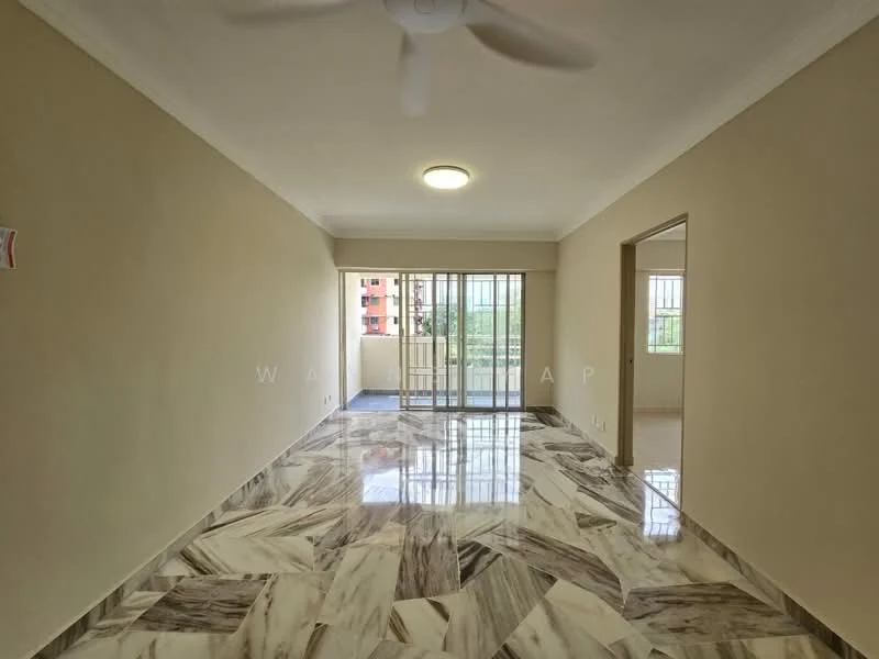 Living features: marble flooring, cream painted walls, ceiling fan, large windows, sliding glass door, natural light, open layout, view of balcony; style: modern; view: city.
