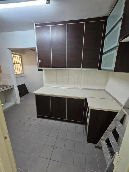 Kitchen features: dark wood cabinetry, white countertop, grey tiled flooring, wall-mounted cabinets, open shelving, single-bowl stainless-steel sink, window for natural light, stainless-steel faucet, tile backsplash, corner layout, step ladder, neutral wall color; style: modern.