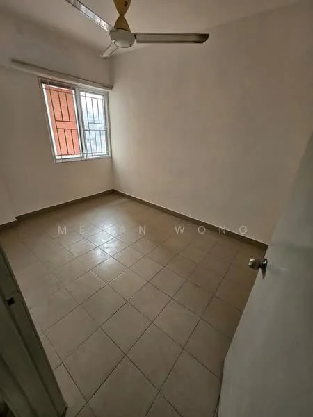 Room features: white painted walls, tile flooring, ceiling fan, window with metal grille, single window, neutral color scheme, door with knob, no visible furniture.