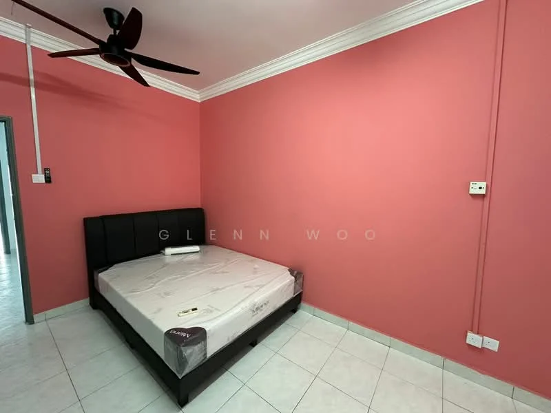 Bedroom features: pink painted walls, white ceiling with crown moulding, ceiling fan, queen-size bed with black upholstered headboard, tile flooring, no visible decor, no visible storage, no visible windows.