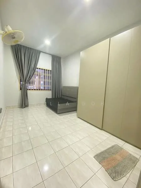 Bedroom features: white painted walls, tile flooring, grey upholstered bed frame, built-in wardrobe with sliding doors, floor-to-ceiling window with sheer curtains, ceiling fan, recessed downlights, area rug with geometric pattern; style: modern.