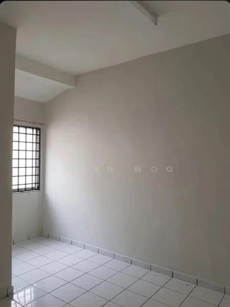 Room features: white painted walls, tile flooring, grid window with metal bars, high ceiling, corner room.