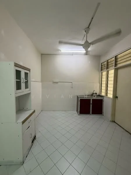 Kitchen features: white painted walls, white tiled flooring, ceiling fan, single-bowl stainless-steel sink, chrome pull-down faucet, red cabinetry, white upper cabinets with glass front, window with blinds.