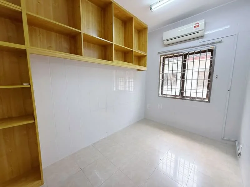 Room features: light-colored tiled flooring, white painted walls, built-in wooden shelving, window with metal grille, wall-mounted split AC unit, fluorescent ceiling light; style: minimalist.