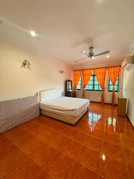 Bedroom features: queen-size bed, upholstered headboard, 2 bedside lamps, ceiling fan with light, wall-mounted air conditioning unit, orange sheer curtains, tiled flooring in brown, built-in wardrobe, decorative wall sconces; style: modern; view: garden.