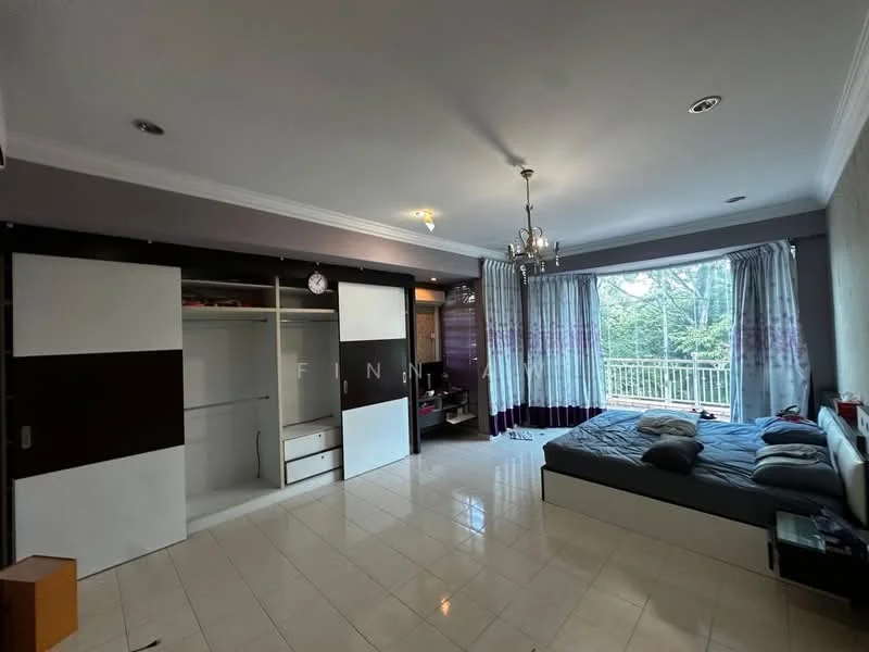 Bedroom features: queen-size bed, upholstered headboard, built-in wardrobe with sliding doors, white painted walls, cream tiled flooring, chandelier, floor-to-ceiling windows, sheer curtains, balcony access, decorative wall paneling; style: modern; view: garden.