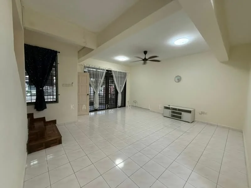 Living features: white painted walls, white tiled flooring, 5-blade ceiling fan, recessed downlights, floor-to-ceiling windows, sliding glass door, sheer curtains, TV console, decorative wall clock, staircase leading to another level; style: modern.