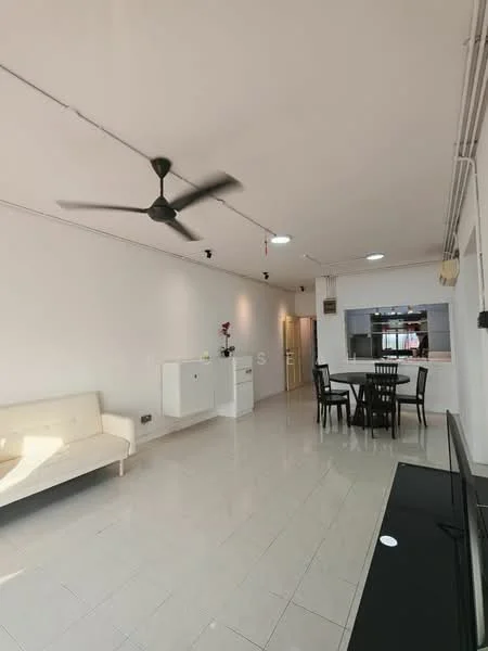 Living features: white painted walls, glossy tile flooring, 5-blade ceiling fan, sofa in cream color, black TV console, dining table with black chairs, open layout, recessed lighting; style: modern.