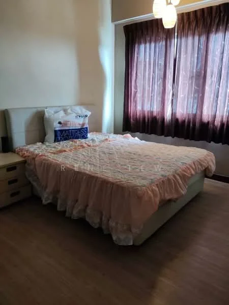 Bedroom features: queen-size bed with pink bedspread, wooden bedside table, laminate flooring, curtains in dark brown, wall-mounted light fixture, decorative pillow on bed, neutral wall color, window with natural light; style: modern.
