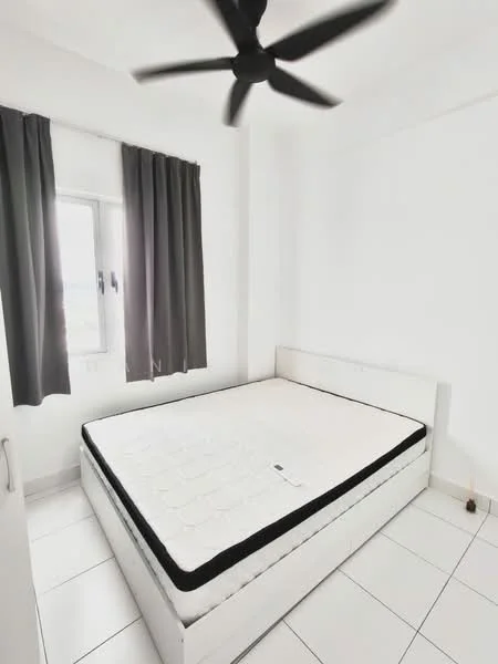 Bedroom features: white painted walls, white tiled flooring, queen-size bed, black and white mattress, 5-blade ceiling fan, floor-to-ceiling window, blackout curtains, built-in wardrobe; style: modern.