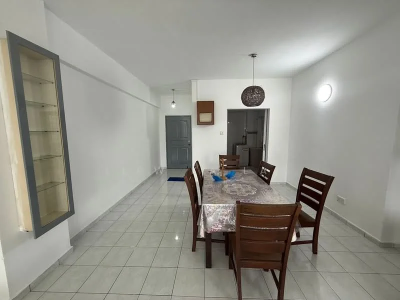 Dining features: 6-seater dining table, wooden dining chairs, white walls, glossy ceramic tile flooring, recessed downlights, pendant light, built-in display cabinet, open layout to living area; style: modern. Room features: white walls, glossy ceramic tile flooring, doorway leading to kitchen, doorway leading to hallway.