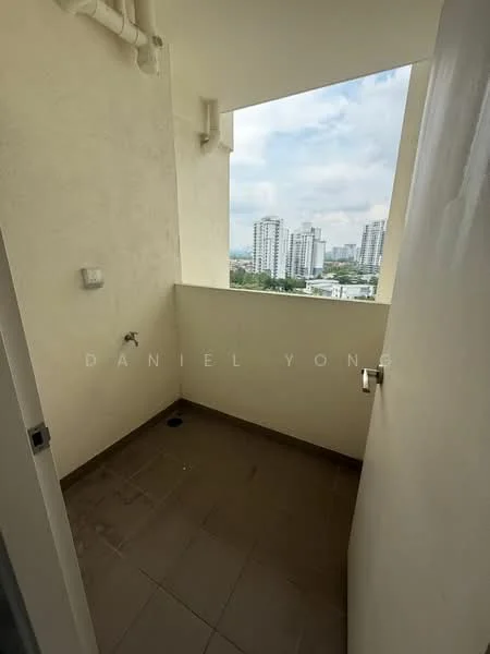 Room features: white painted walls, grey tiled flooring, window with city view, outdoor space, water tap, drainage hole; view: city.