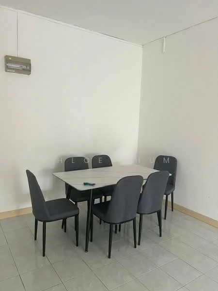 Dining features: 6-seater dining table, grey upholstered dining chairs, white tabletop, black metal legs, white painted walls, tile flooring, wall-mounted air conditioning unit; style: modern.