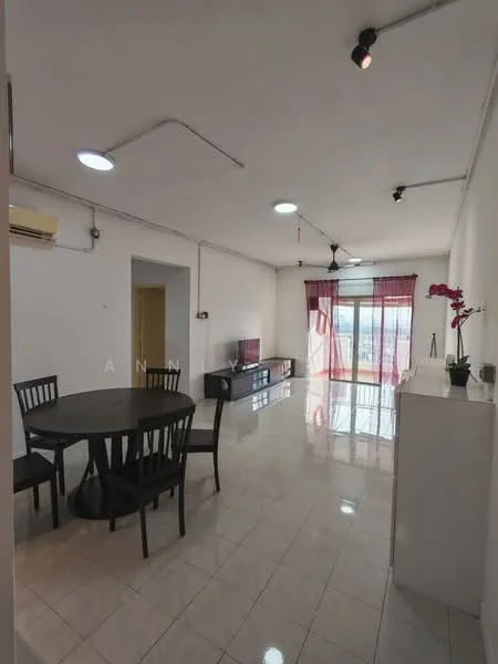 Living features: white painted walls, glossy ceramic tile flooring, 5-blade ceiling fan with light, recessed downlights, large windows with sheer curtains, TV console, wall-mounted TV, decorative plant on shelf, dining table with four black chairs, sofa, area rug; style: modern; view: city.
