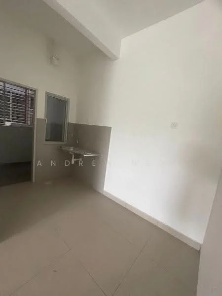 Room features: white painted walls, high ceiling, tile flooring, small window, sink, countertop, neutral color scheme; style: modern.