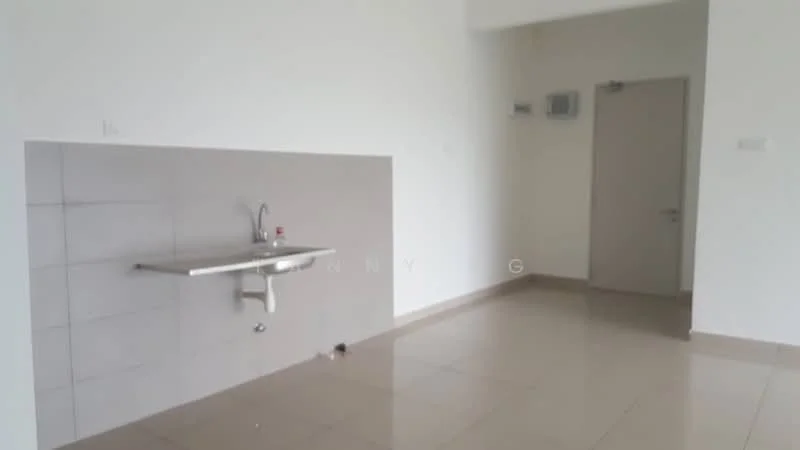 Room features: white painted walls, grey tiled backsplash, single-bowl stainless-steel sink, chrome faucet, cream tiled flooring, wall-mounted electrical outlet, doorway leading to another room.