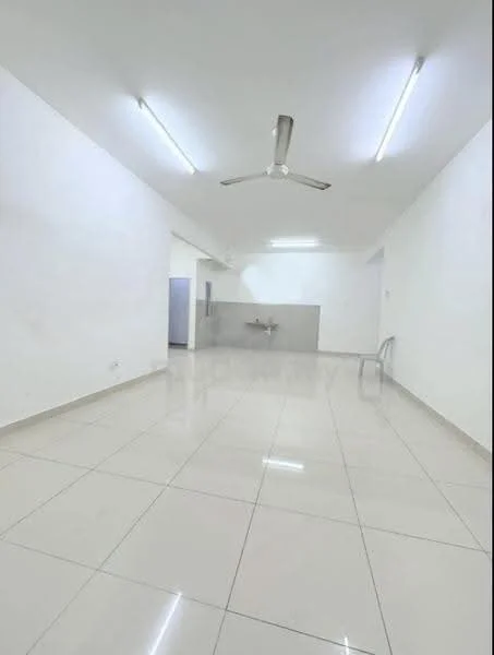 Room features: white painted walls, polished ceramic tile flooring, ceiling fan, fluorescent lighting, kitchenette area with sink, open layout, no visible furniture, neutral color scheme; style: modern.