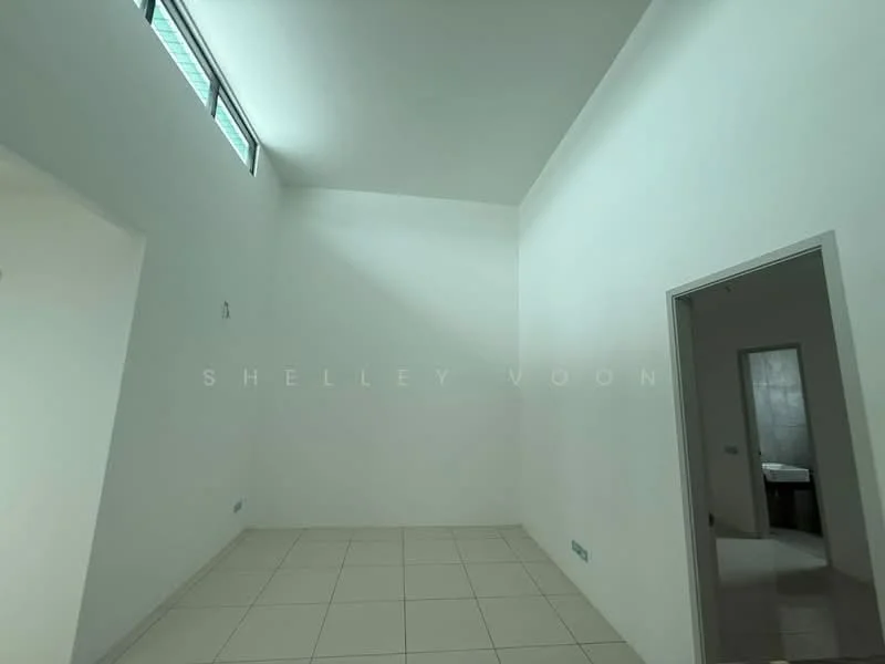 Room features: white painted walls, high ceiling, large windows, tile flooring, neutral color scheme; style: modern.