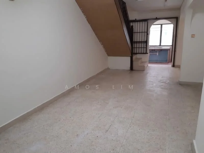 Room features: white painted walls, tile flooring, staircase with wooden handrail, arched window, natural light from window, open space layout, ceiling light fixture; style: modern.