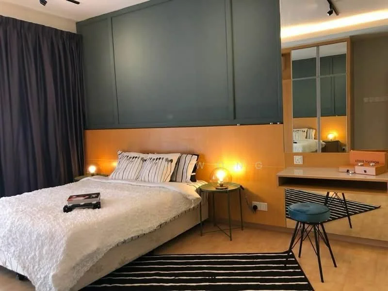 Bedroom features: king-size bed with white bedding, wooden headboard, two bedside tables, table lamp on each side, mirrored wardrobe, dressing table with stool, striped area rug, grey curtains, wooden flooring, wall-mounted lighting, accent wall in dark green; style: modern.