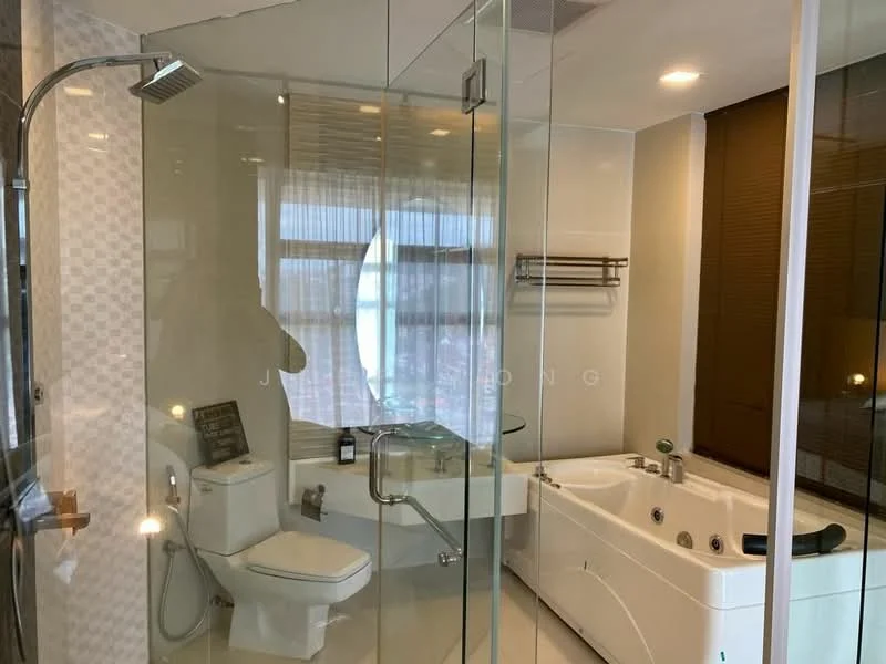 Bathroom features: walk-in shower with glass enclosure, rain shower head, handheld shower, freestanding bathtub with jets, one-piece toilet, single-sink vanity with modern cabinet, mirror, recessed downlights, tile flooring, window with sheer curtains, wall-mounted towel rack; style: modern.